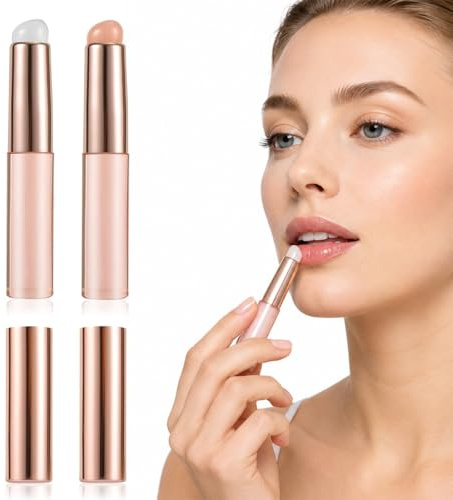 ROLKUFA 2 Pennello Per Labbra In Silicone multifunzionale con cappuccio, per rossetto, gloss, correttore e unghie, rosa e grigio