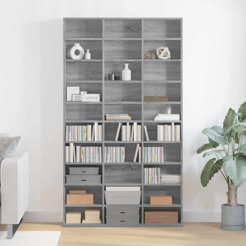 QUAHEAS CD-hylla grå Sonoma trämaterial 102 x 23 x 177,5 cm med gott om förvaringsutrymme, mångsidig som lågboard, skänk, mediakonsol, hylla för vardagsrum, sovrum, hemmabio