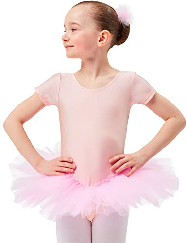 tanzmuster Kinder Ballett Trikot Ballettanzug Alina mit Tutu-Röckchen - Balletttutu aus 3-lagigem Tüll. Zauberhaftes Ballettkleid für Mädchen in Hellrosa, Größe:152/158
