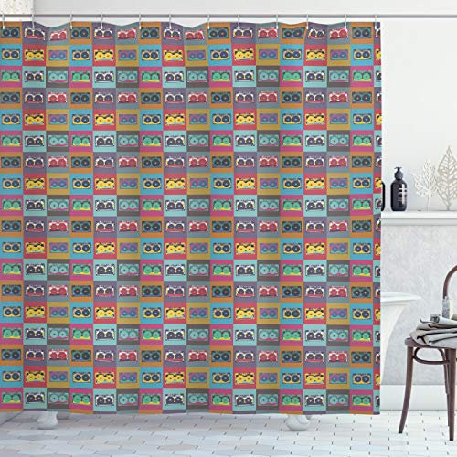 ABAKUHAUS Retro Tenda da Doccia, Le Cassette Audio in Piazze, Tessuto Set di Decorazioni per Il Bagno con Ganci, per la Vasca da Bagno, 175 cm x 220 cm, Multicolore