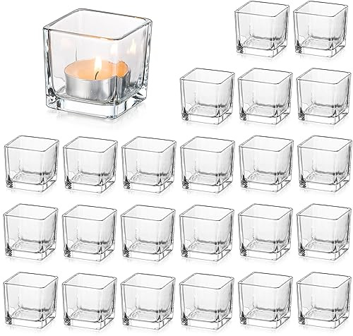 Glasseam Clear Glass Tea Light Candle Holders Set of 24, Square Small Candle Holder Bulk, Christmas Tea Light Holders for Living Room Table, Modern Tealight Candle Holders for Wedding Centrepieces