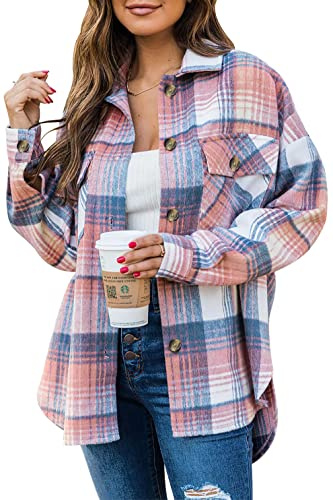 Jhsnjnr Women's Fashion Jackets Button Up Long Sleeve Flannel Shirts Oversized Plaid Shacket