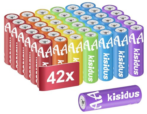 kisidus Batterie Alcalino AA 1.5 Volt Pile LR6 Colorato Ideali per Dispositivi Elettronici Giocattoli Telecomandi confezione da 10/21/42