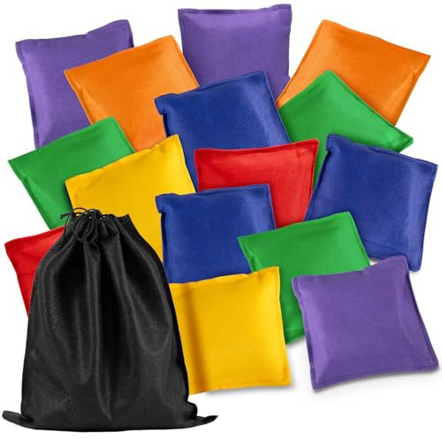PLMMOUT 18 Pack Bean Bags für Tossing, Große Bunte Cornhole Bean Bags, Tossing Beanbags Spielzeug mit Tragetasche, Nylon Bean Bag Hand Toss Spiele für Familie Party im Freien Hof Spiele, 12 x 12CM