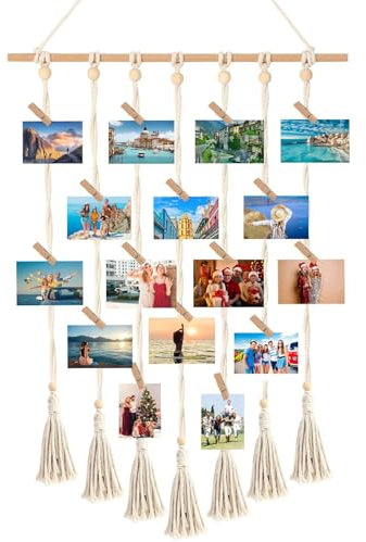 Zyluniy Arazzo da Parete in Macramè, Appendi Foto da Parete, Porta Foto da Parete Multiplo, Cornice Foto Multiple da Parete, Corda da Appendere per Foto con 30 Clips per Appendere Foto Wall Decor