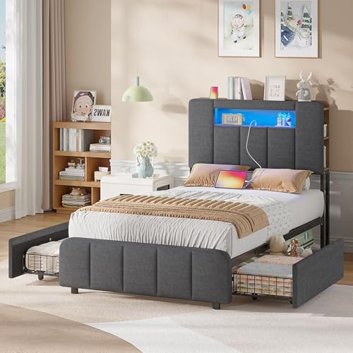 AOGLLATI Lit 90x200 à LED avec Multiprise et 2 Grands Tiroirs, Cadre de Lit avec Sommier à Latte et Tête de Lit Capitonnée Sommier avec Rangement, Moderne sans Matelas-Lin Gris