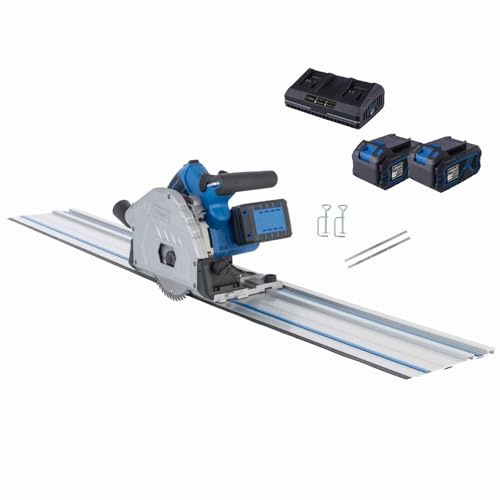 Scheppach Sega circolare a immersione a batteria BC-PL60-X con 2 guide da 700 mm e accessori, profondità di taglio 61 mm, inclinazione 0°-48°, serie 20 V-IXES, con 2 batterie da 4 Ah e doppio