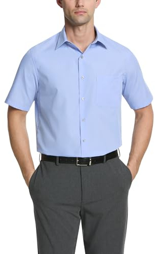Van Heusen Men's Short Sleeve Dress Shirt Regular Fit Poplin Solid, Cameo Blue, 18.5 Neck