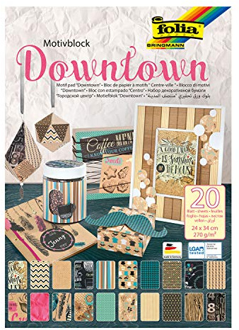 folia 48549 - Motivblock Downtown, 270 g/qm, ca. 24 x 34 cm, 20 Blatt sortiert in 20 verschiedenen Motiven - zum Basteln und kreativen Gestalten von Karten, Fensterbildern und für Scrapbooking