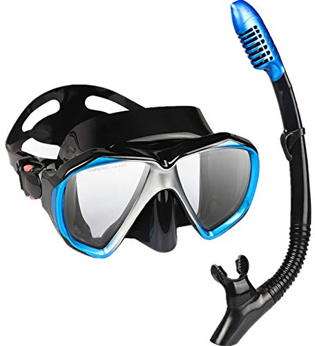 Snorkel Diving Mask Panoramic HD Swim Mask, Anti-Fog Scuba Diving Goggles,Tempered Glass Dive Mask Adult Youth Swim Goggles with Nose Cover for Diving, Snorkeling, Swimming (Blue Set)