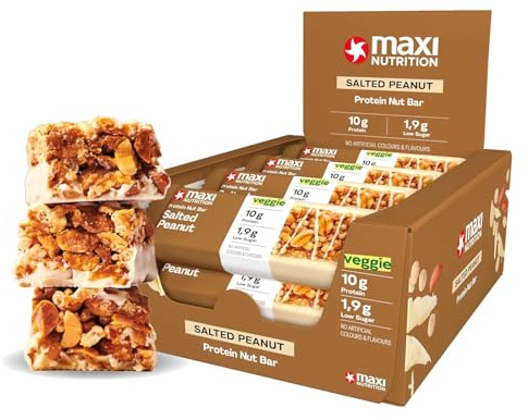 MaxiNutrition Protein Nut Bar - High Fibre Snack - Low in Sugar - 10g Protein - Salted Peanut, Under 230 kcal per Serving, 12 x 46g