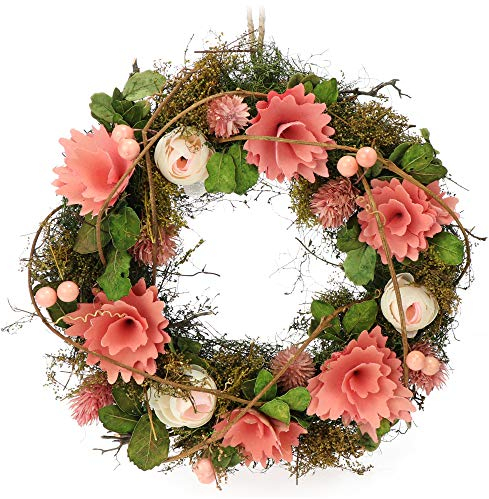 COM-FOUR® Türkranz Frühling mit Blumen aus Holz - Dekorativer Tischkranz - Kranz Deko mit Aufhänger