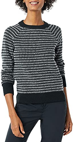 Amazon Essentials Crewneck Sweater for Women, Soft-Touch, Black Charcoal White Stripe Pattern, Large