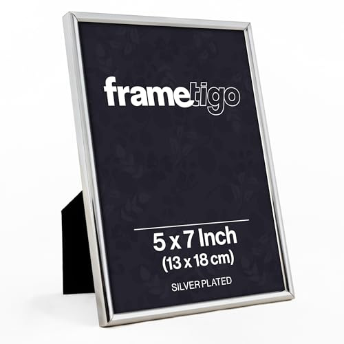 Frametigo - Silver Plated Thin Edge Photo Frame, 5x7 (13x18cm) Photo Size - Velvet Frame Backing & Stand - Real Glass Window - Tarnish-Resistant - Landscape or Portrait Orientation