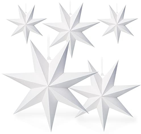 AOMOWA White Paper Star Lanterns, 7-Pointed Christmas Star Lampeshade, Foldable Paper Lanterns for Xmas Wedding Party Home Hanging Decorations, Scandinavian Decor - 40cm x 2 + 30cm x 3