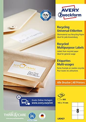 AVERY Zweckform LR3427 Recycling Etiketten (800 Adressaufkleber, 105x74mm auf A4, 100% recyceltes Altpapier, bedruckbare Versandetiketten, selbstklebende Versandaufkleber) 100 Blatt, naturweiß