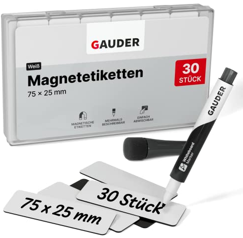 GAUDER Magnetetiketten beschreibbar - Wiederverwendbare Magnetschilder zum Beschriften für Whiteboard, Tafel, Kanban-Board und Kühlschrank - Magnetkarten mit Marker (30 Stück - 75 x 25 mm)
