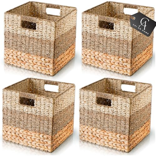 CHI AN HOME 11 Inch Cube Storage Bins, Wicker Storage Baskets for Cube Shelf, Natural Foldable Square Baskets for Storage, Large Woven Storage Bin with Handle, Baskets for Pantry, Living Room Set of 4