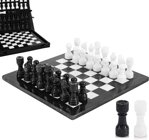 Juego de ajedrez de mármol de 30 cm, Hecho a Mano con 32 Piezas, 2 Reinas Extra y Caja. Juego de Viaje de Lujo y Elegante Regalo para Adultos y decoración del hogar (Black & White)
