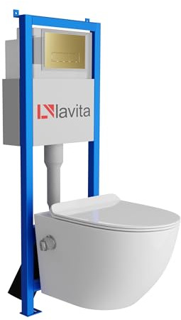 Lavita LAV 101 - Elemento da parete per WC da 40 cm + parete sospeso per WC Salto bianco senza bordi + pannello di controllo LAV 200.3.5 oro | Set completo | Cassetta di risciacquo da incasso | WC