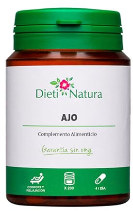 Dieti Natura 200 Cápsulas de Ajo - Actúa Sobre Niveles de Colesterol y Regula el Metabolismo - Ajo para Equilibrio Lipídico - Complemento Cardioprotector con Alicina, Vitaminas y Minerales