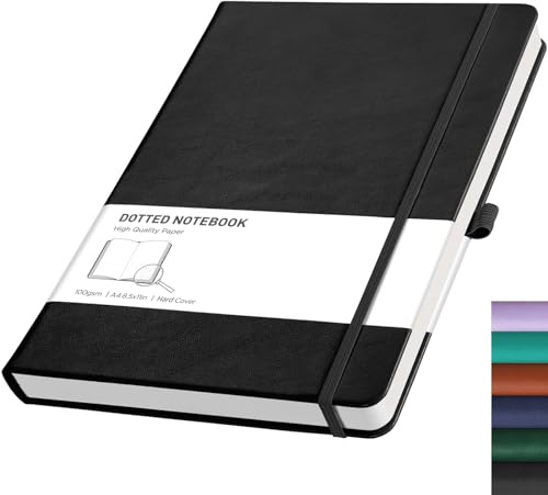 RETTACY Dotted A4 Notebook Journal -192 Pages Note Book for Bullet, Hardcover Leather Notepad with Pen Loop for Women Men Work Office School (21.5 x 27.9cm)-Black