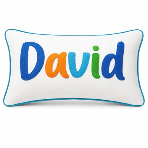 mia'spillow lab Personalized Baby Name Cushion, Custom Kids Name Pillow with Colorful Letters & Piped Border, Nursery & Toddler Room Decor, Embroidered Pillow Cover
