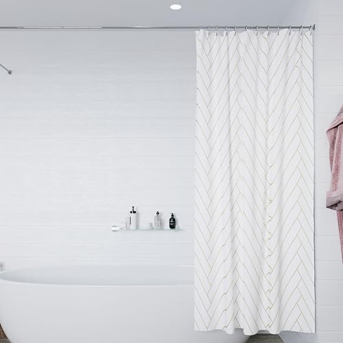 Croydex Waterproof Shower Curtain, Gold Chevron Pattern, 180 x 180cm, Water Resistant Fabric - 100% Polyester, Machine Washable, Cling Resistant Weighted Hem, Ready to Hang with 12 Metal Eyelets