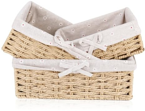 Lot de 3 corbeilles à pain avec insert en coton - Corbeille à pain carrée en jonc de mer - Panier de rangement en métal solide - Panier à petits pains Scandi Style - Panier décoratif de rangement