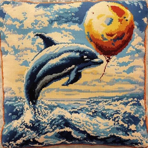 Kit gancio di chiusura,Un simpatico delfino che gioca con i palloncini,Kit gancio di chiusura per fodera per cuscino DIY,fodera per cuscino cucito artigianale all'uncinetto,43x43cm