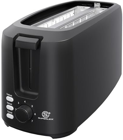 SUPERLEX Toaster 4 Slice Long Slot Toaster Extra Wide Slots 1450W 7 Browning Settings Reheat Defrost Cancel Functions Removable Crumb Tray for Bread Baguette Artisan Loaf Black