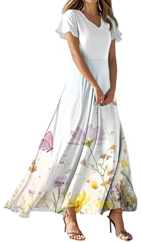 Ladies Short Puff Sleeve V Neck Floral Boho Dresses Flared Flowy Chiffon Maxi Dress Summer Beach Holiday Sundress for Women