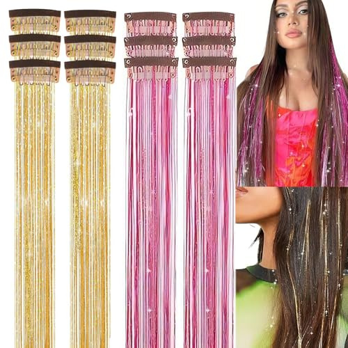 12 Pcs 20 Inch Hair Tinsel Hair Tinsel Clip in Glitter Sparkle Fairy Hair Extensions with Metal Clips Clip in Hair Extension Heat Resistant Synthetic Fiber for Women Girls Party Festival Cosplay