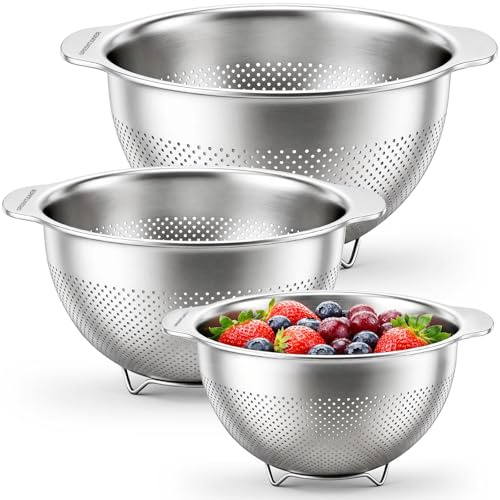 Greentainer Cuencos coladores de acero inoxidable, paquete de 3 unidades, base resistente avanzada, mango ancho, apto para lavavajillas, para drenaje y enjuague, verduras, frutas, arroz, colador