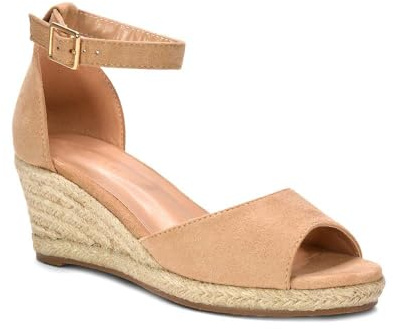 Womens Espadrille Wedge Sandals Ladies Beige Faux Suede Peep Toe Ankle Strap Ladies Low Mid Heel Shoes Size 7