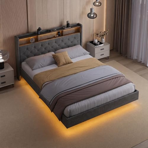 Xbro Letto 140x200 con LED e Prese USB, Letto Matrimoniale Salvaspazio con Ricarica Integrata e Testiera Imbottita con Ripiano, Struttura in Metallo con Rete a Doghe, Design Moderno, Grigio Scuro