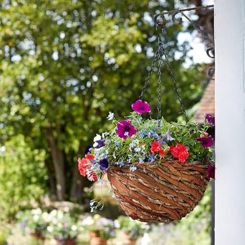 Garden Mile Garden Hanging Flower Basket 14'' Outdoor Plant Pot Planter with 3 Way Metal Hanging Chain Rattan Effect Plant Holder Wicker Flower Pot Basket Pre-Lined for Easy Planting