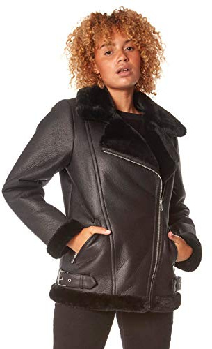 Roman Faux Leather Jacket for Women UK - Ladies Bomber Aviator Coat Moto Biker Pilot PU Flying Teddy Borg Sherpa Fur Trim Furry Fleece Collar Lined Casual Warm - Black - Size 14