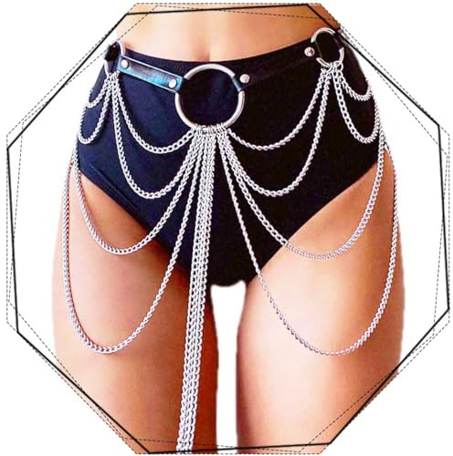 Reetan Punk Leather Body Chains Black Waist Chain Layered Nightclub Ring Belt Belly Chains Rave Party Body Jewelry Accessories for Women and Girls (B)