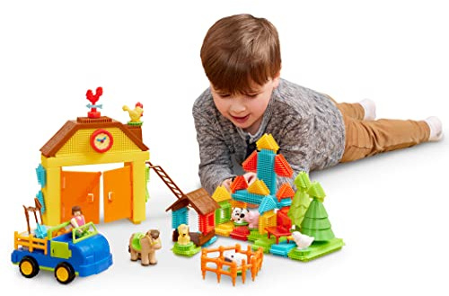 Battat Blocchi di setola Blocchi da costruzione STEM ad incastro Playset fattoria da 67 pezzi Giocattoli per lo sviluppo per bambini e ragazzi Playset cortile 2 anni +
