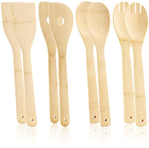 COM-FOUR® Set di utensili da cucina da 8 pezzi - cucchiaio di legno per cucinare, arrostire, cuocere al forno - posate da insalata sostenibili, cucchiaio da cucina e spatola (08 pz. - Bambù)