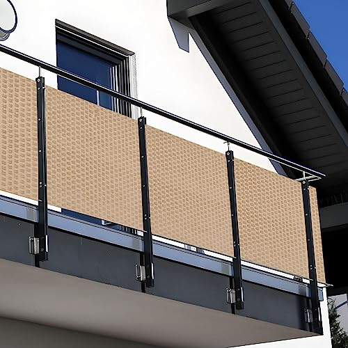 NYVI Polyrattan Balkon Sichtschutz Privafence 100x300 cm Beige - Balkonbespannung mit Metallösen - UV-fest, Witterungsbeständig, 100% Blickdicht - Balkonumspannung Balkonumrandung 1x3 m