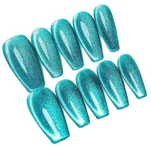 Sun&Beam Nails Handmade Press-On Medium Long Coffin Ballerina with Nile Blue Cat Eye Design Charm Cute False Nail Tips 10 Pcs (#84 M)