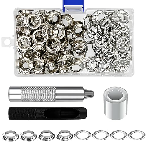 Frevoitna Occhielli per Teloni, 100 Pezzi Occhielli Metallici 12 mm Occhiellatrice per Teloni, Grommet con 3 pezzi Strumenti, Occhiello Strumento Kit per Abbigliamento, Borse, Tela, Tende, Scarpe