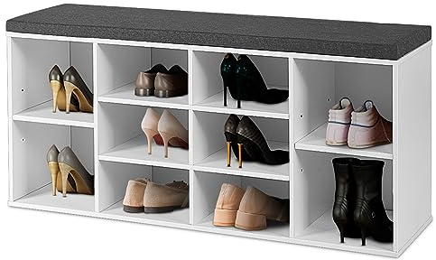 HOMASIS Schuhbank mit Sitz, Schuhregal aus Holz mit Polsterung, Sitzbank mit 10 Fächern, Schuhschrank mit 2 höhenverstellbaren Ablagen für Eingangsbereich, Flur, Wohnzimmer, 104 x 30 x 48 cm (Weiß)
