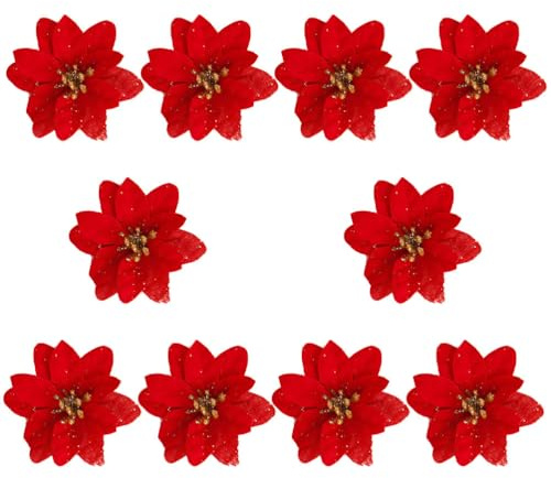 HOMSFOU Lot de 40 mini fleurs de Noël artificielles - Mini bouquet de fleurs - Décoration d'intérieur - Fleurs poinsettia artificielles de Noël, centre de table de Noël, décoration de sapin de Noël