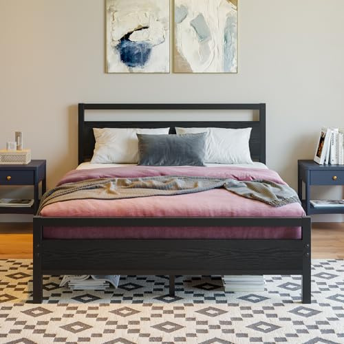 BOFENG 4ft6 Double Bed Frames with Wooden Headboard,Heavy Duty Metal Platform Bed Frame Double Bed No Box Spring Needed,Mattress Foundation/Under Bed Storage/Sturdy Steel Slat Support/Black
