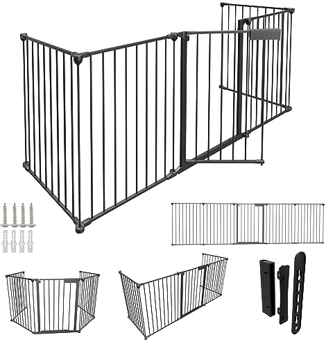 Randaco Kaminskyddsgaller med dörr 310 cm, babyavstängningsgaller metall, ugnsskyddsgaller, kamingtallrik, djurskyddsgaller barnskydd inkl. 5 element (75 x 65 cm) – svart