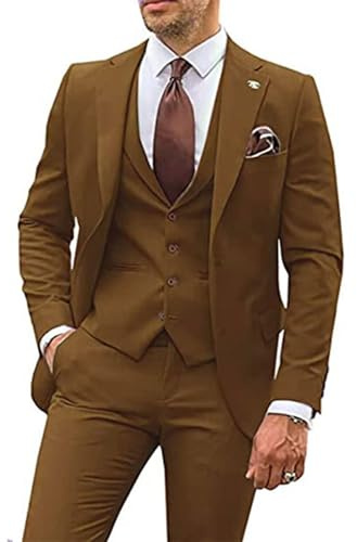 Costume homme coupe ajustée, blazers d'affaires à revers vestes 3 pièces costumes de garçons d'honneur ensemble gilet pantalon veste croisée, marron, L