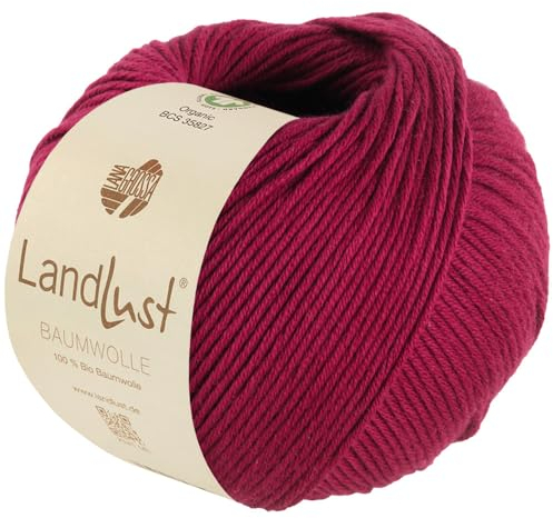 LANA GROSSA Landlust Baumwolle | Klassisches Bio-Baumwollgarn, Gots zertifiziert | Handstrickgarn aus 100% Baumwolle (Bio) | 50g Wolle zum Stricken & Häkeln | 115m Garn FB 23 Weinrot